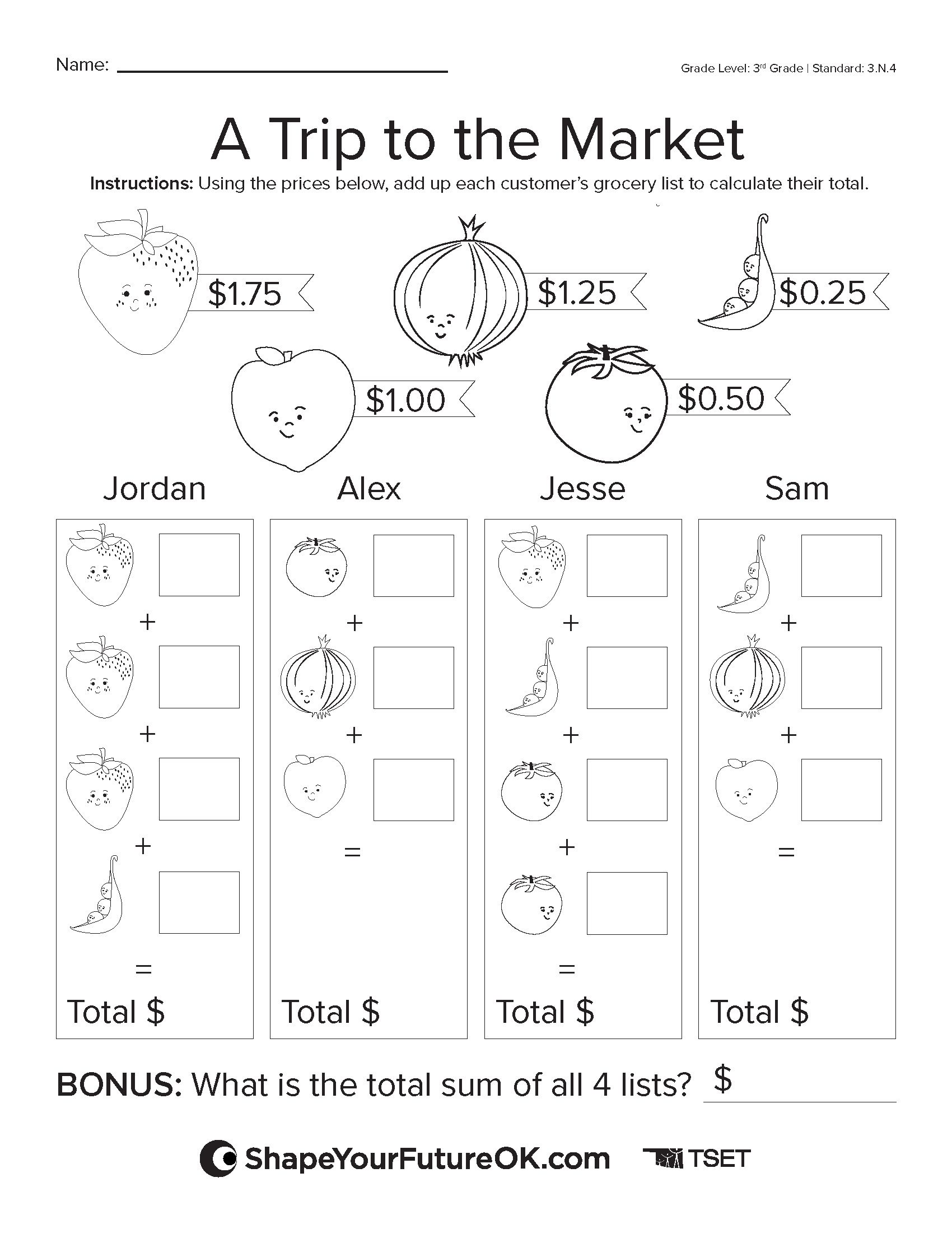 a trip to the market worksheet