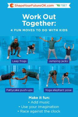 Workout together 4 fun moves to do with kids: leap frog, jumping jacks, pattycake push-up, yoga elephant pose