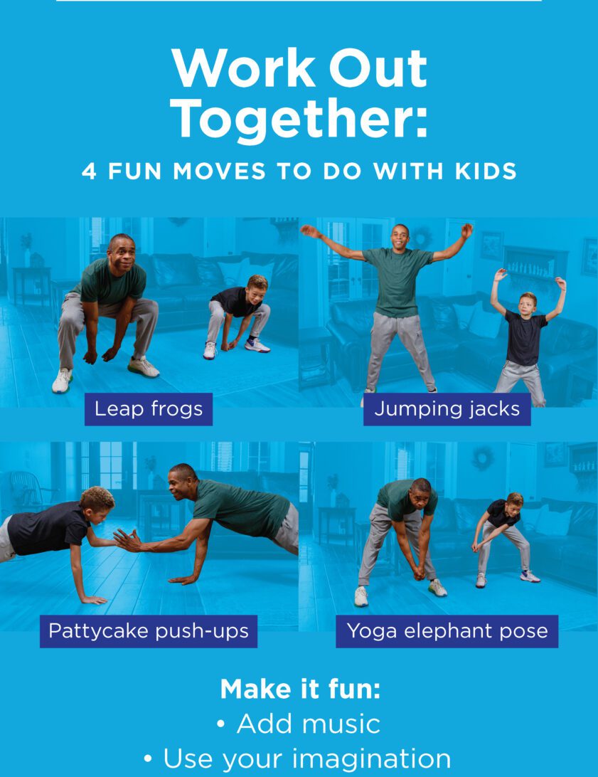 Workout together 4 fun moves to do with kids: leap frog, jumping jacks, pattycake push-up, yoga elephant pose